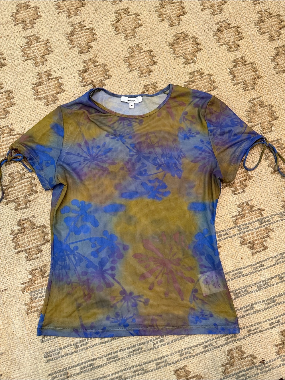 MIAOU Sheer Floral Mesh Tee in Olive & Blue